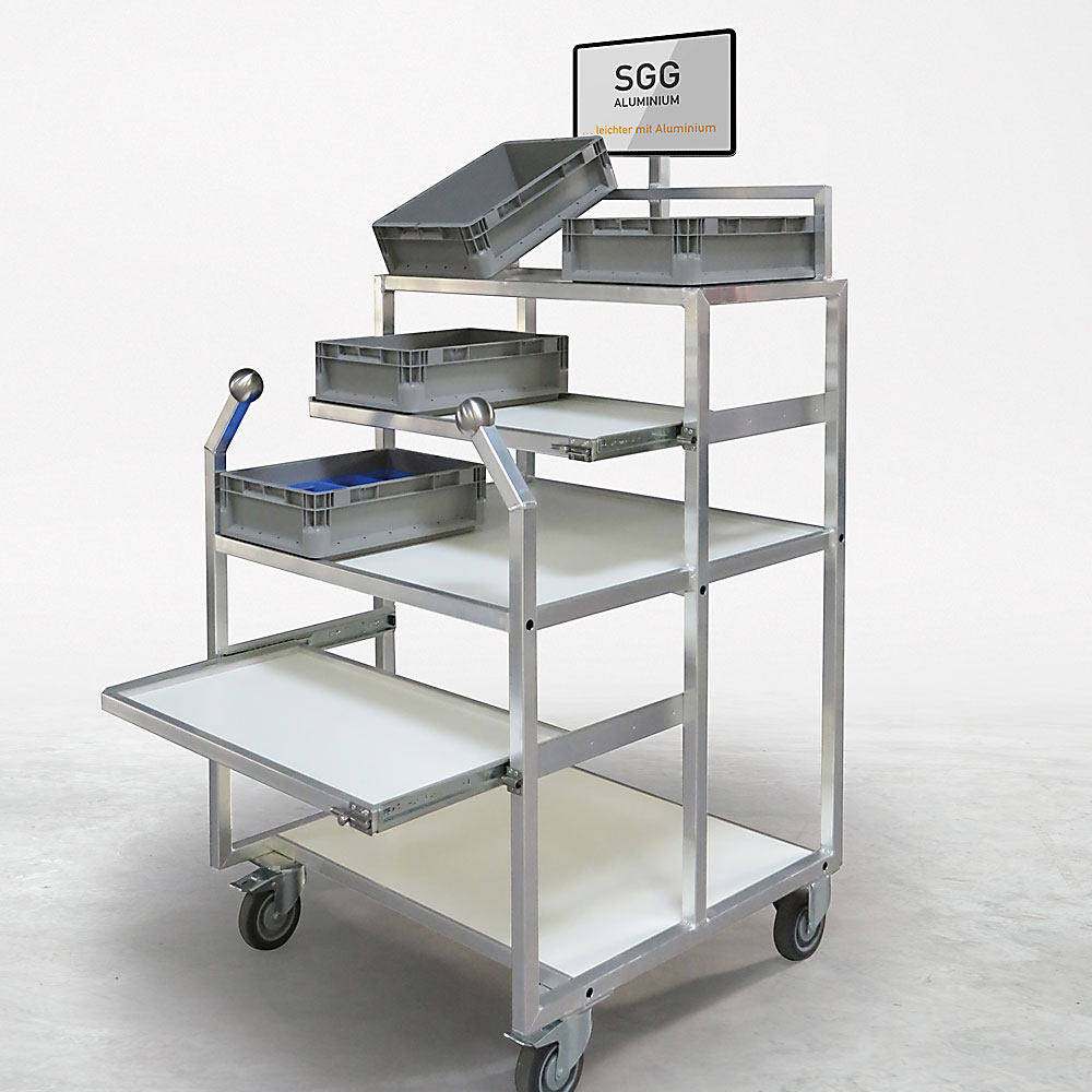 Kommissionierwagen aus Aluminium mit verschiedenen Sonderausstattungen